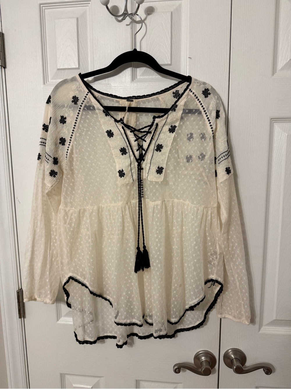 Free People Sheer Cream Peasant Top with Black Embroidered Trim Sz M